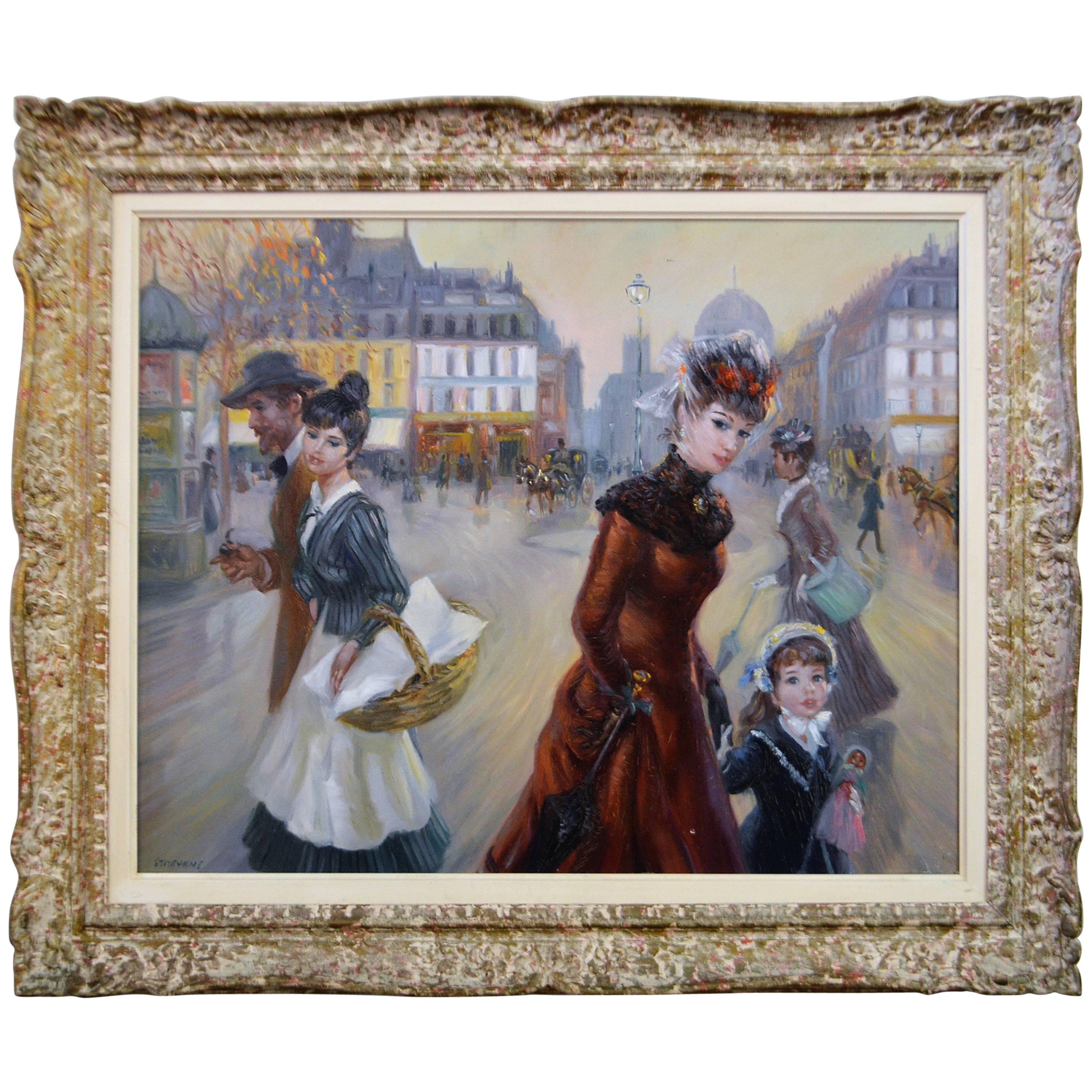 Oil on Canvas Painting of Parisian Street Scene with Mother and Child Signed
