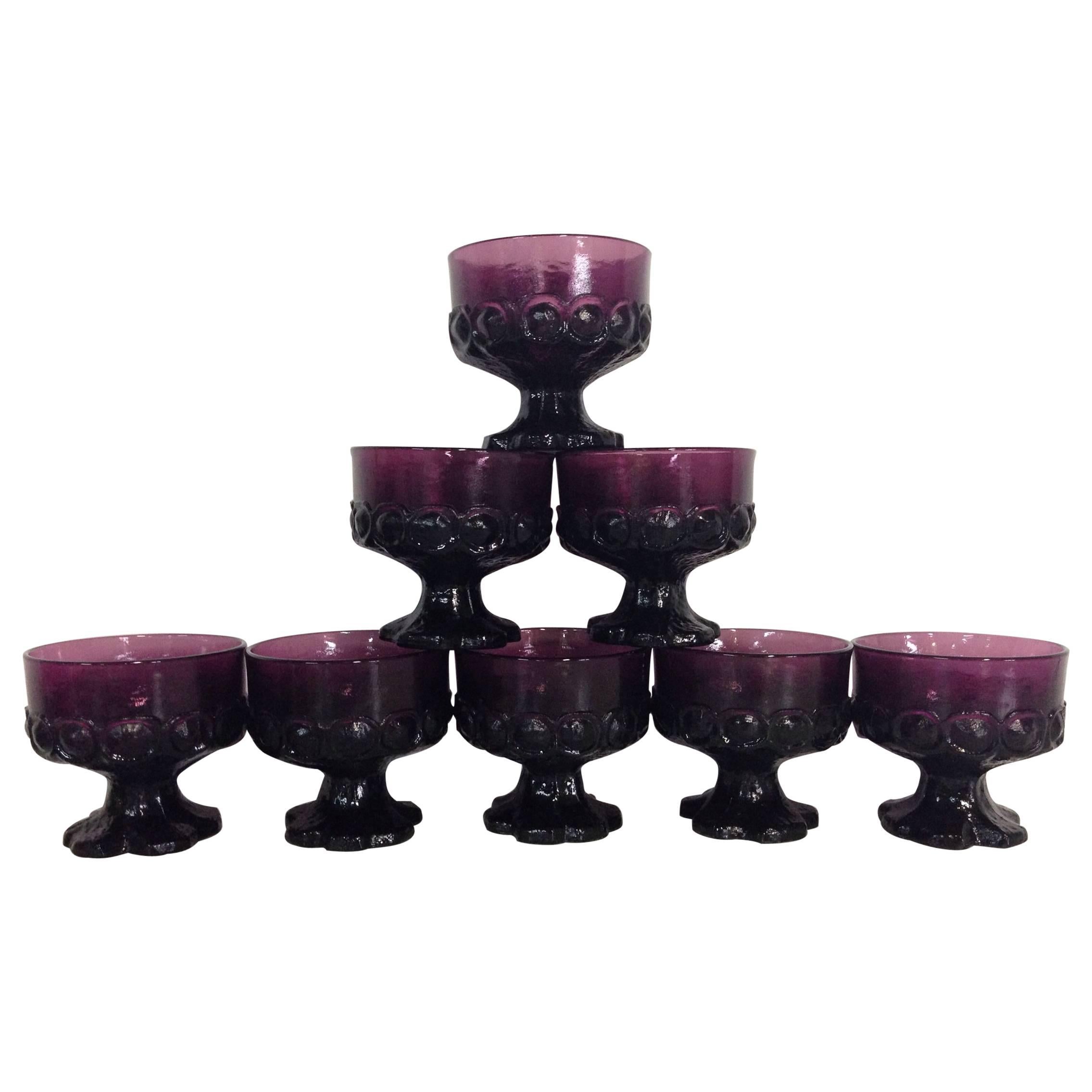 Mid-Century Amethyst "Thumbprint" Footed Glass Coupe Tumblers S/8 For Sale