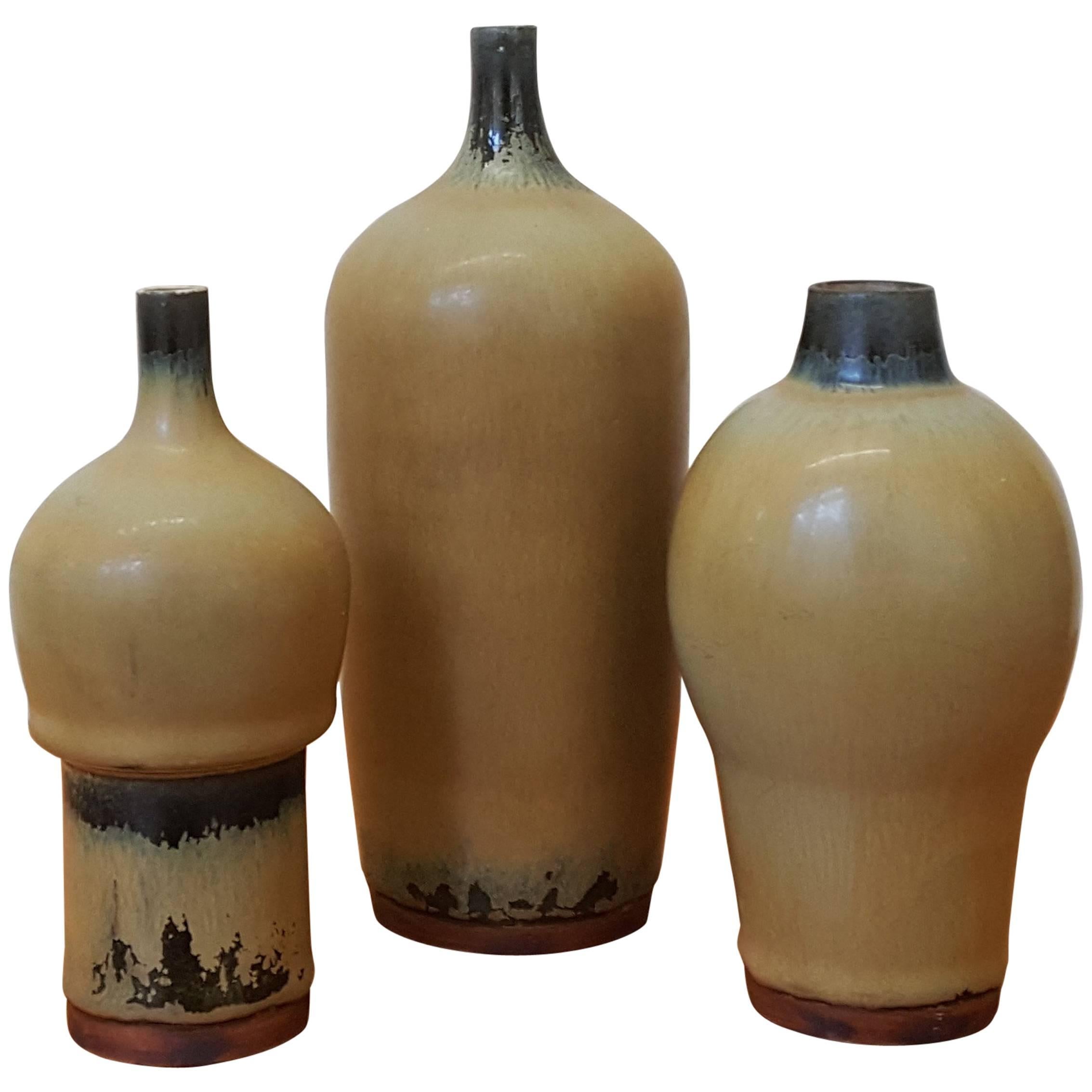 Three Vases with Yellow Ochre Glaze by Carl Harry Stålhane for Rörstrand, Sweden For Sale