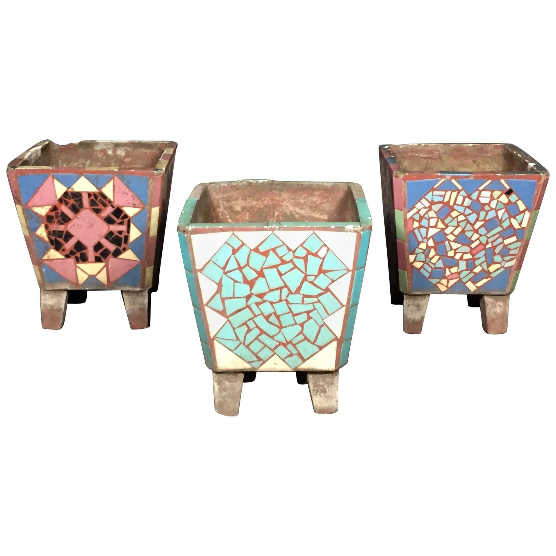 1950s American Cast Stone Tile Inlaid Garden Planters