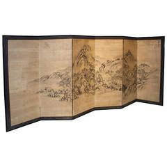 Japanese Hand-Painted Six-Panel Screen or Room Divider 1