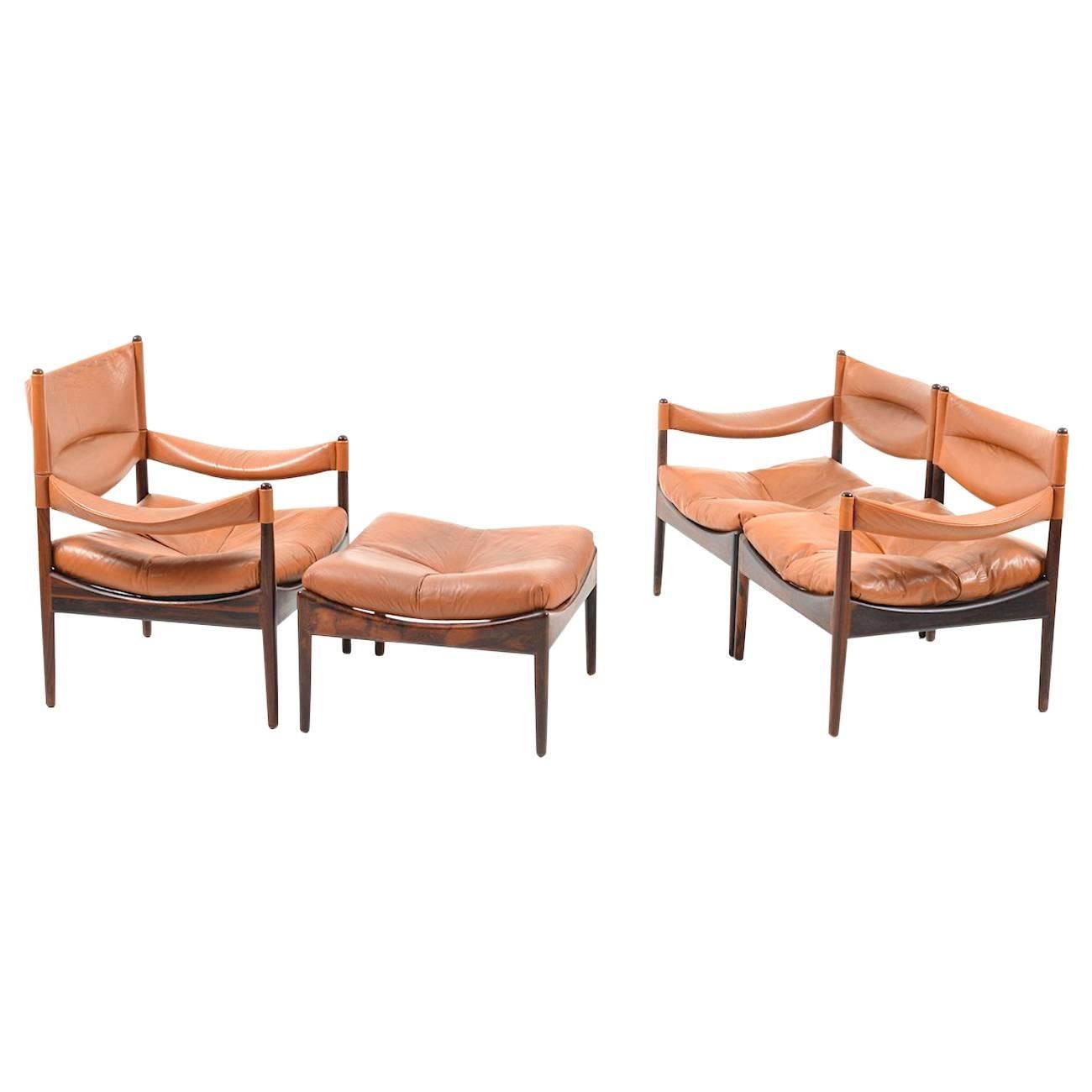 Two Seats Sofa and Lounge Chair with Ottoman in Rosewood by Kristian Vedel