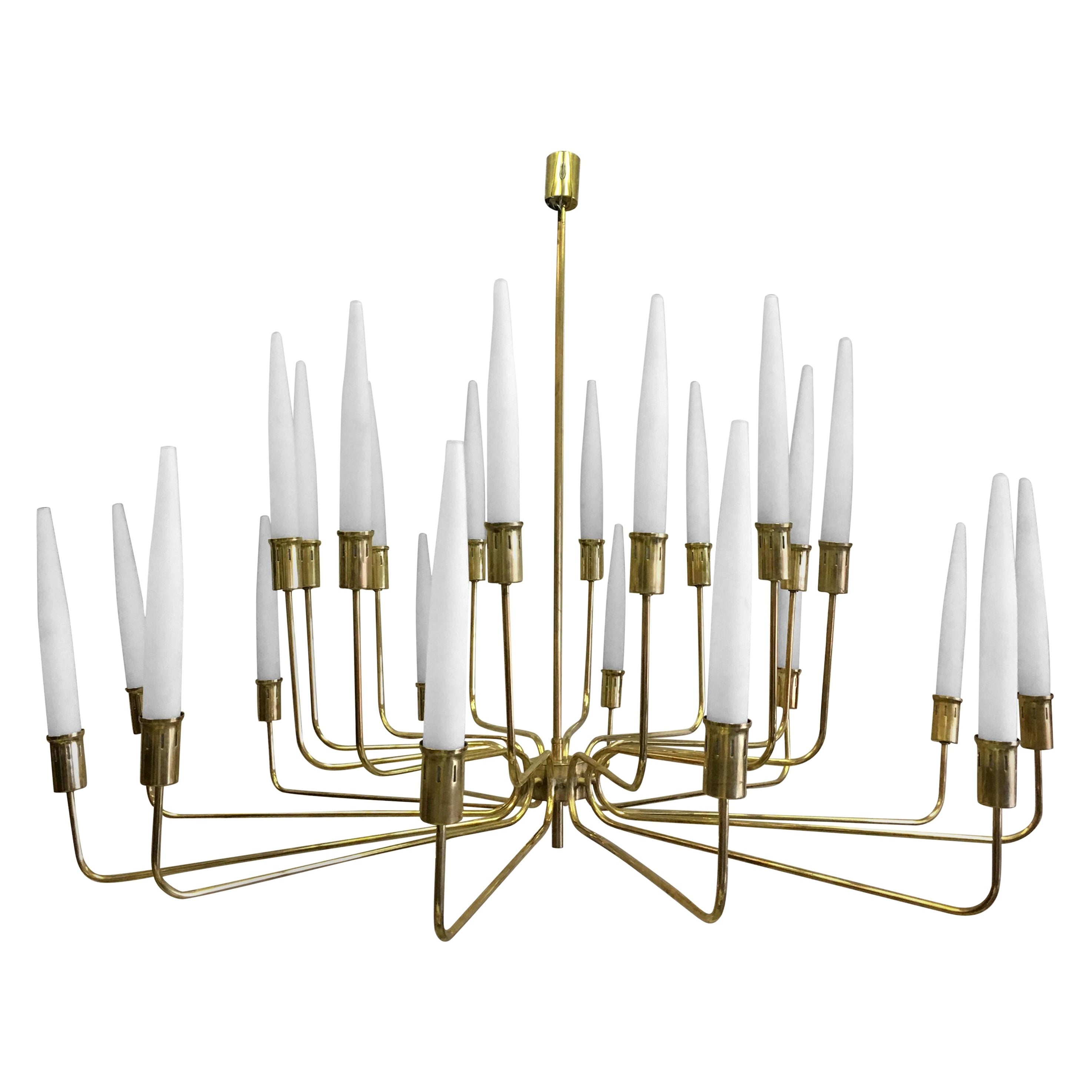 Large Italian Modern Neoclassical Brass & Satin Glass Chandelier, Fontana Arte