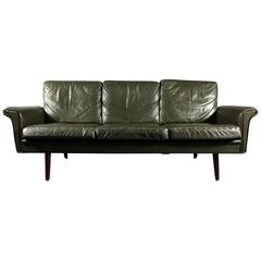 Danish Mid-Century Green Leather and Teak Three-Seat Sofa