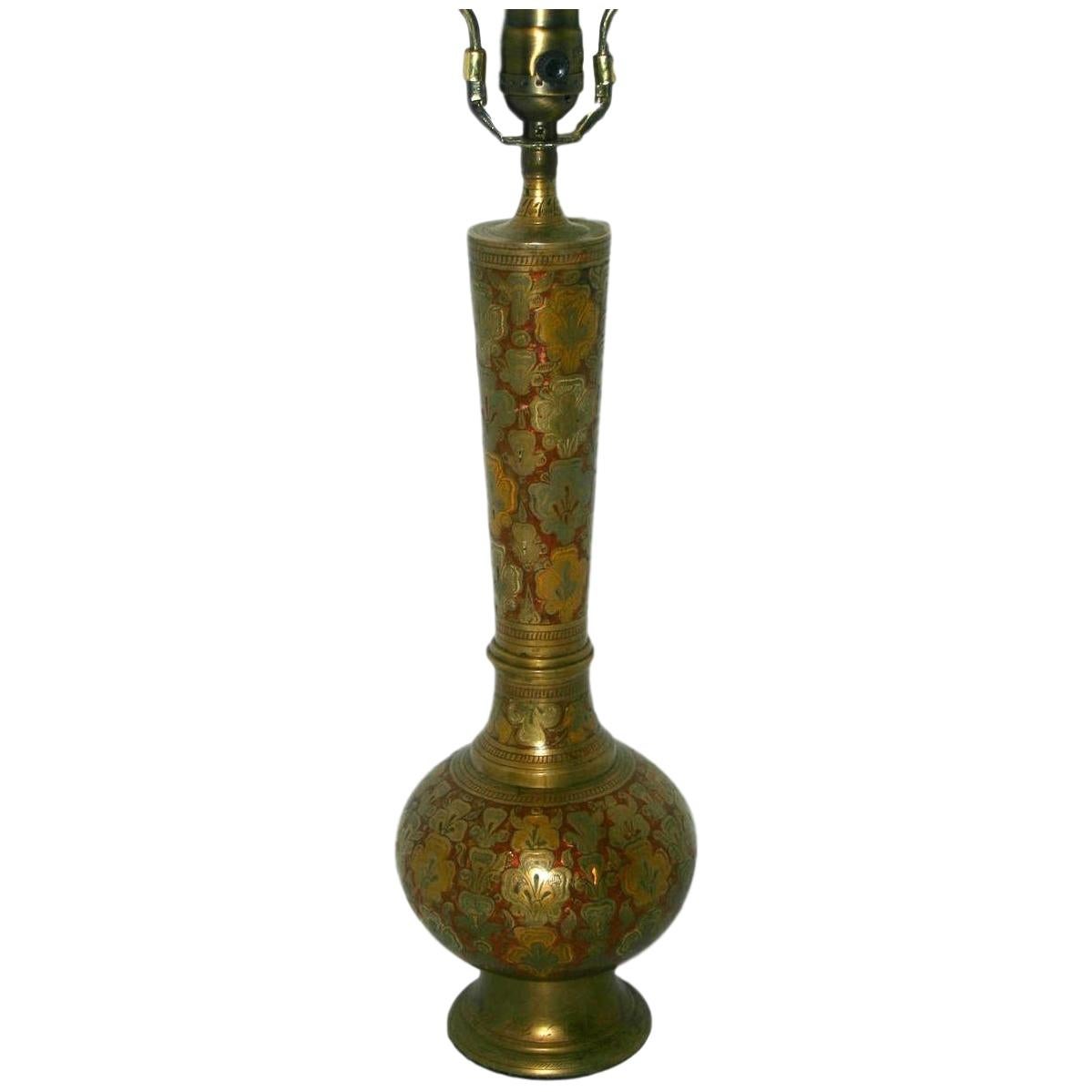 Hammered and Enameled Brass Lamp For Sale