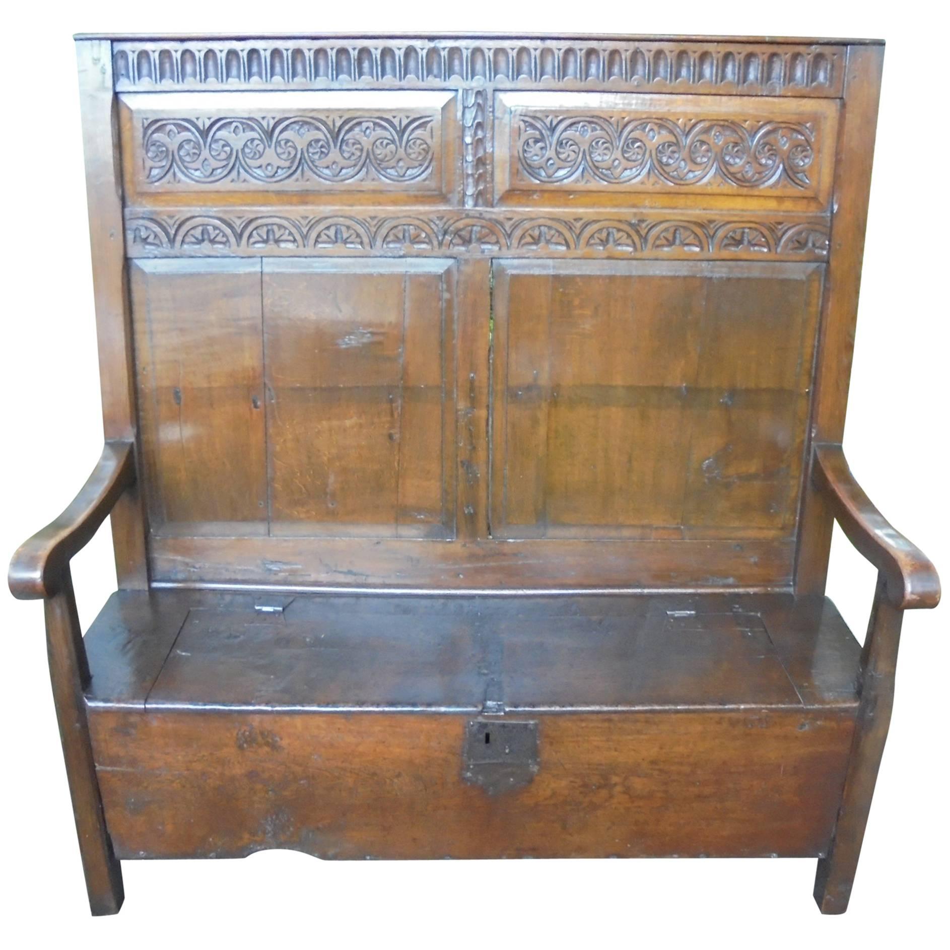 Early Antique Carved Oak Hall Settle For Sale