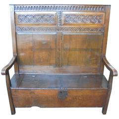 Early Used Carved Oak Hall Settle