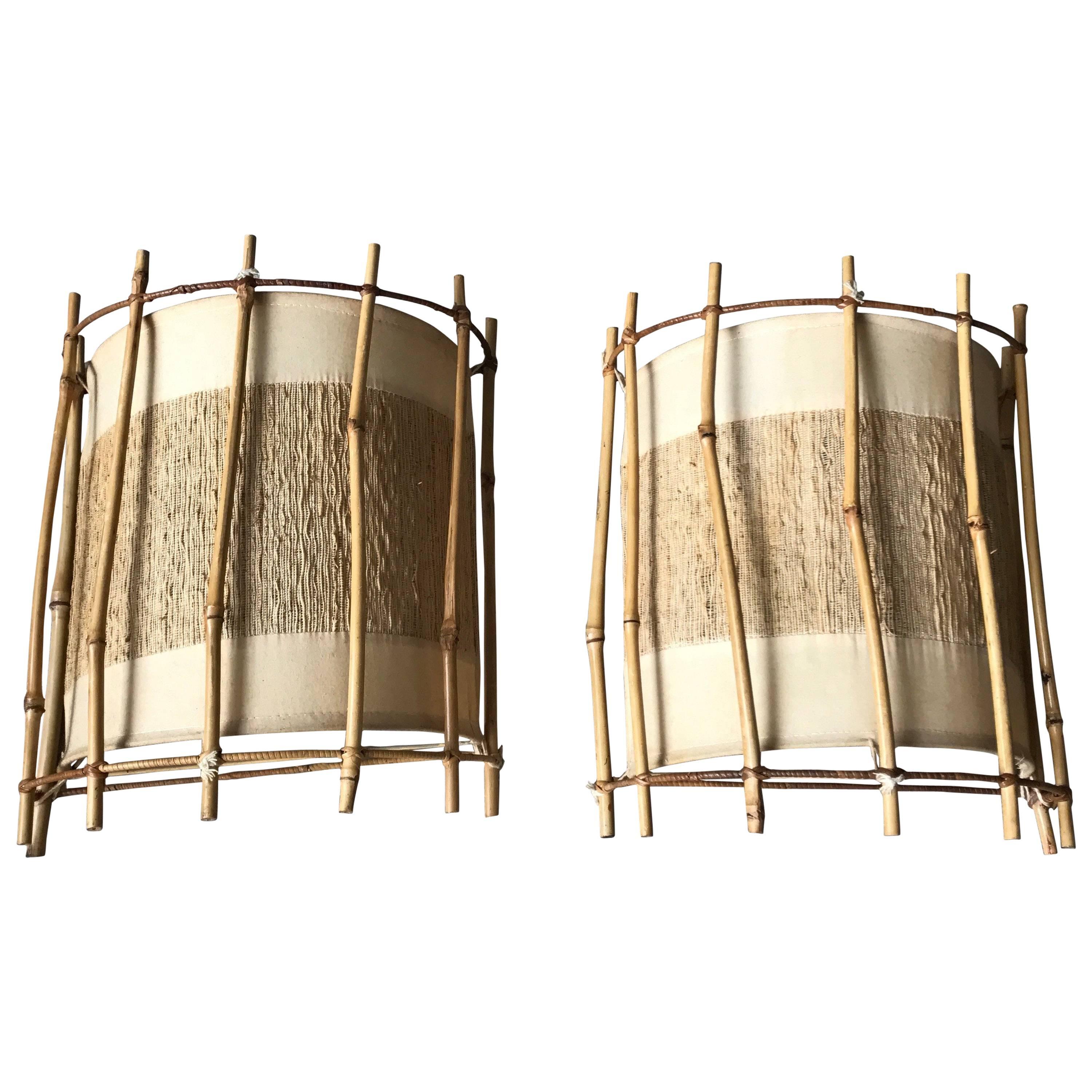 Mid-Century Organic Design Pair of Bamboo Wall Sconces Vintage Set of Lamps