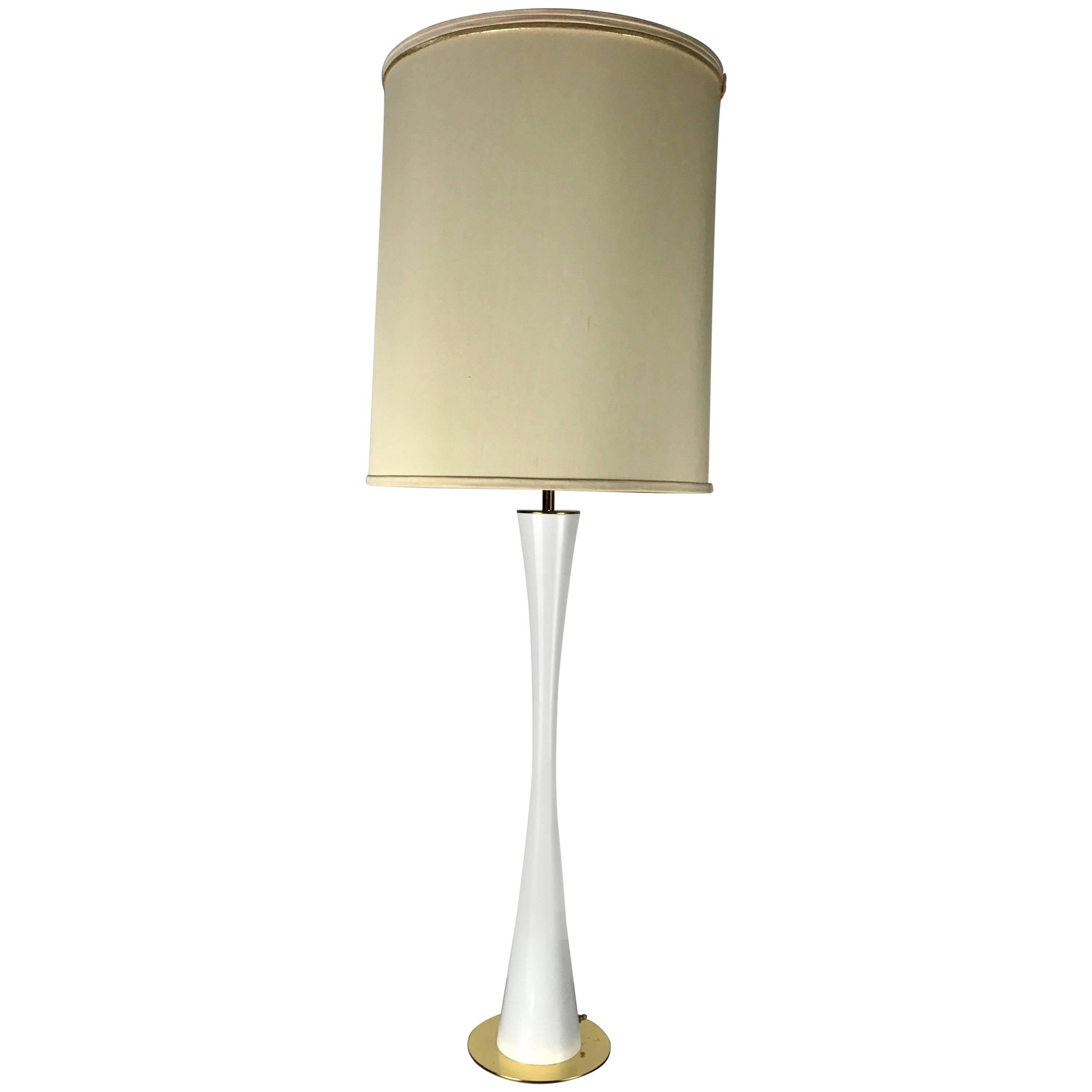 Elegant Tall White Enamel and Brass Hourglass Lamp by Stewart Ross James
