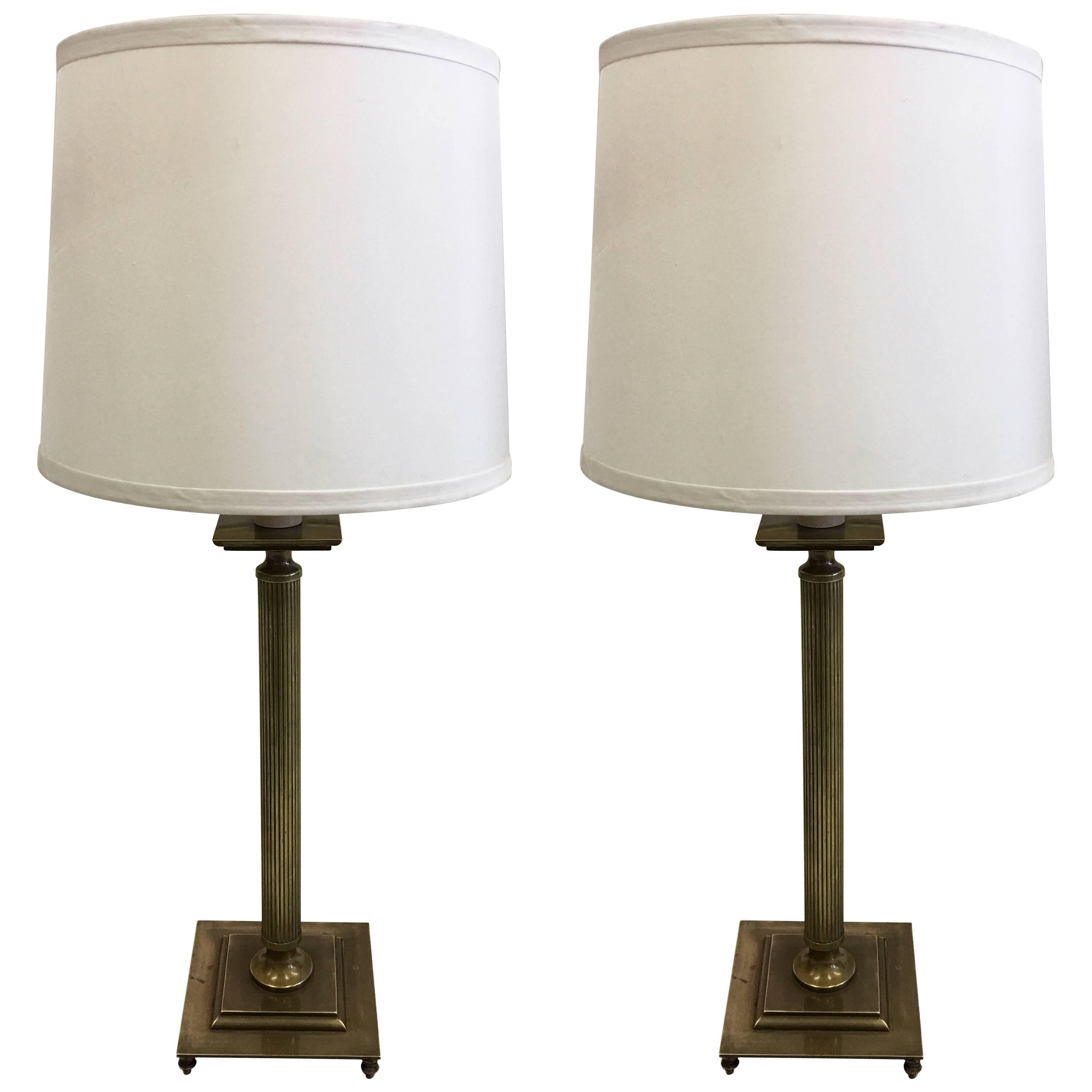 Pair of French Mid-Century Modern Neoclassical Brass Table Lamps, Maison Jansen