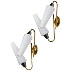 Vintage Pair of Brass and Glass Sconces by Lunel