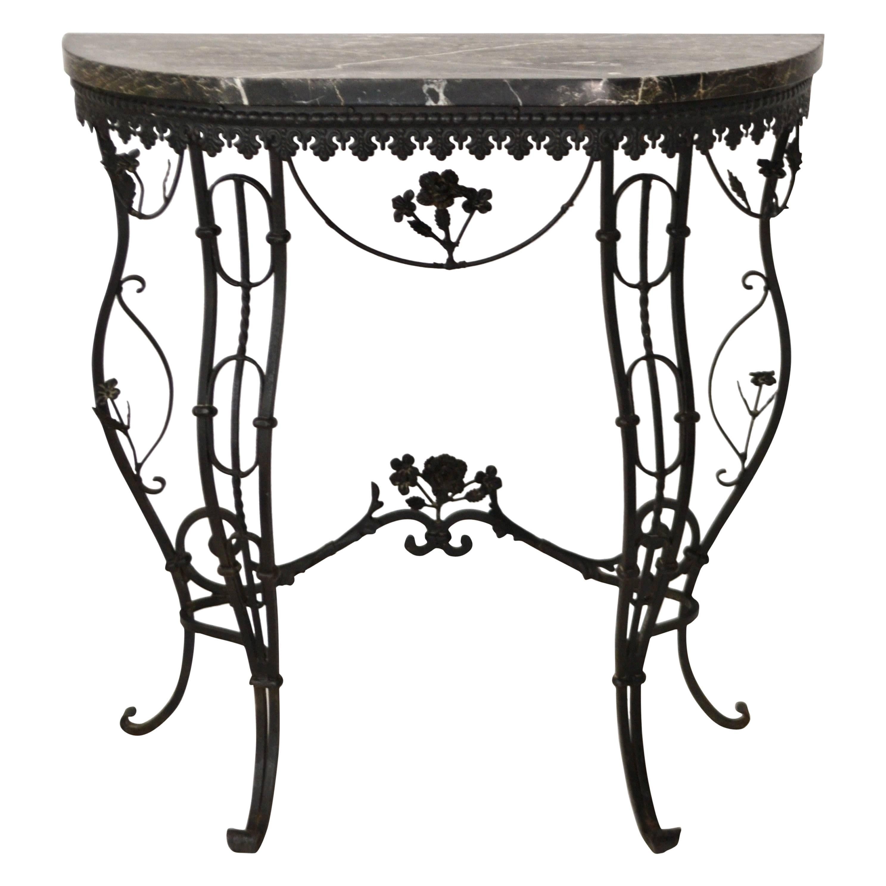 Hollywood Regency Style Italian Wrought Iron Console Table with Marble Top For Sale