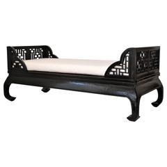 Retro Hollywood Regency Black Lacquered Chinese Chippendale Style Upholstered Bench