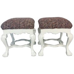 Pair of Chippendale White Lacquered Mahogany CHANEL Boucle Upholstered Benches