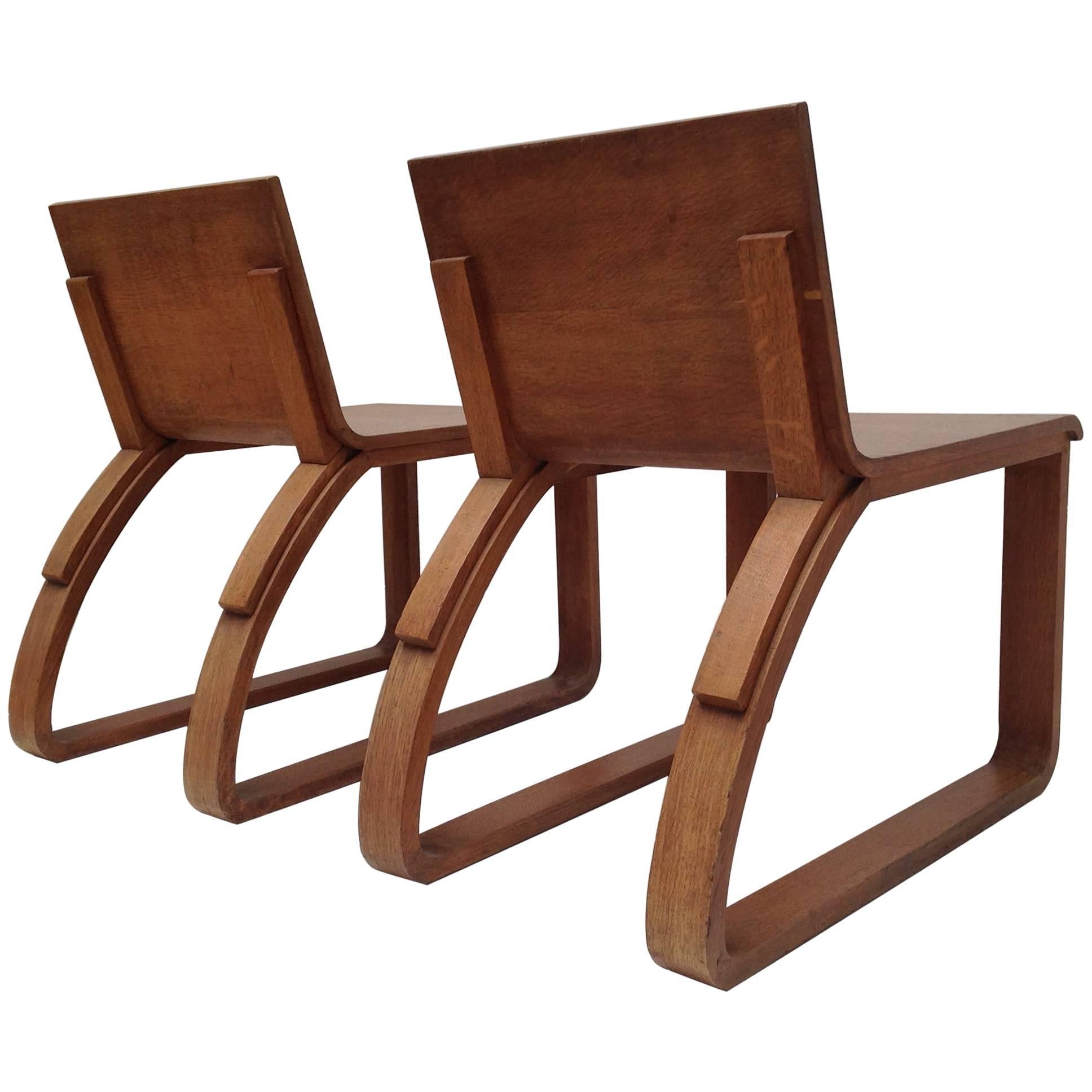 Beautiful Pair of Oak Easy Chairs Design by Audoux Minet, circa 1950 For Sale