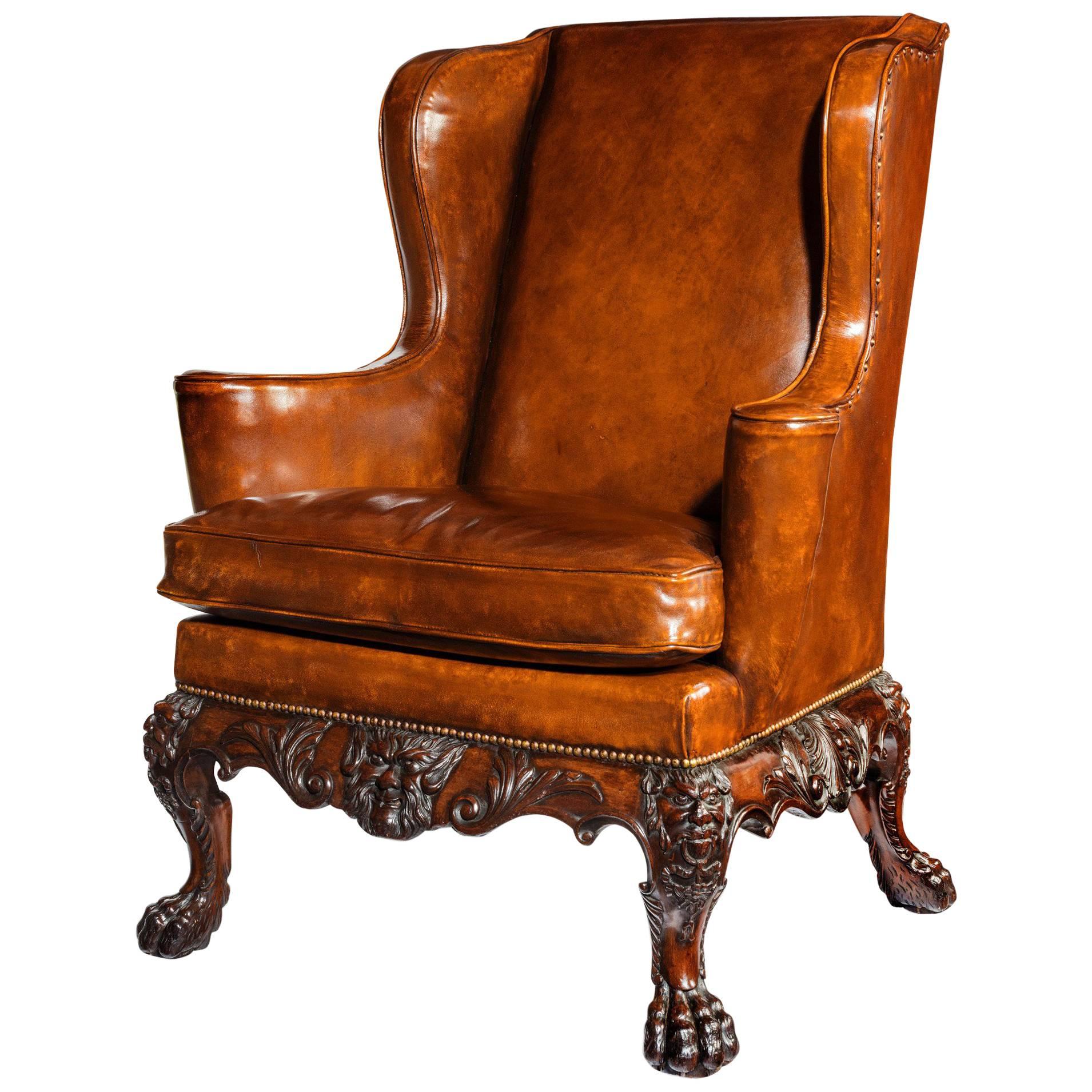Handsome Late Victorian Leather Carved Wing Chair