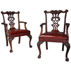 Pair of Late 19th-Early 20th Century Chippendale Style Mahogany Open Armchairs