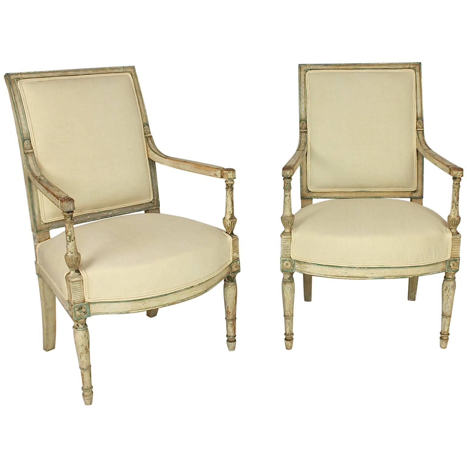 Pair of Late 18th Century Directoire Paint Wood Fauteuils or Armchairs