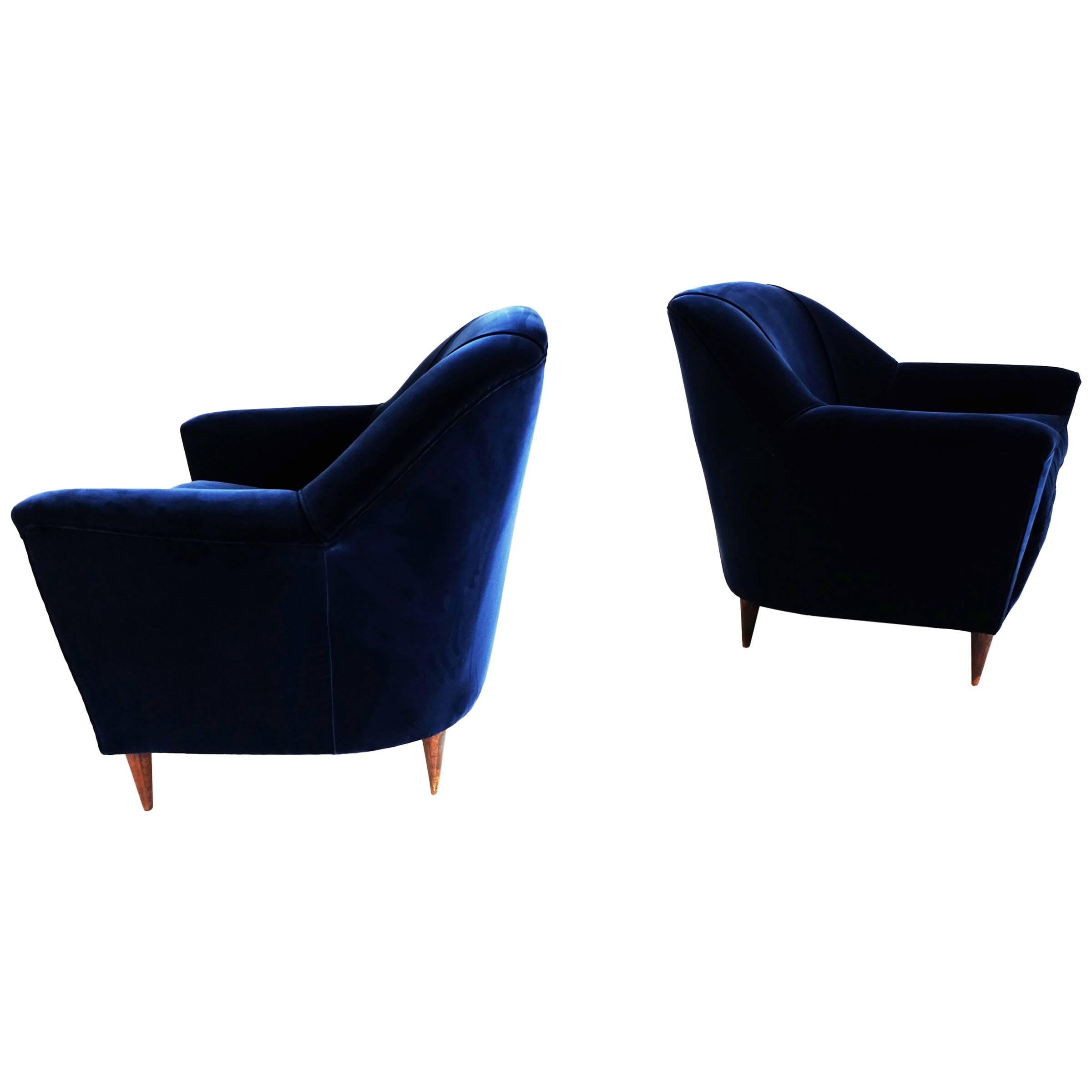 Ico Parisi, Rare Pair of Deep Blue Velvet Armchairs, circa 1950