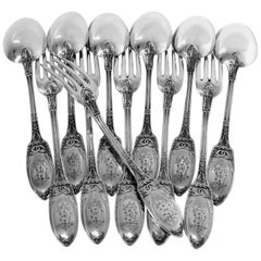 Combeau Rare French Sterling Silver Dinner Flatware Set 12 Piece Empire, Swans