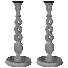 Pair of Antique Limed Oak Open Twisted Candlesticks, English, circa 1920