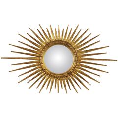 French 1940s Giltwood Convex Oval Sunburst Mirror with Gold Leaf Finish 2