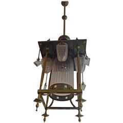 Art Nouveau Long Chandelier Square Bronze and Glass 11