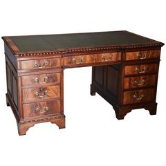 Early 20th Century Pedestal Desk with Inverted Breakfront Green Leather Top