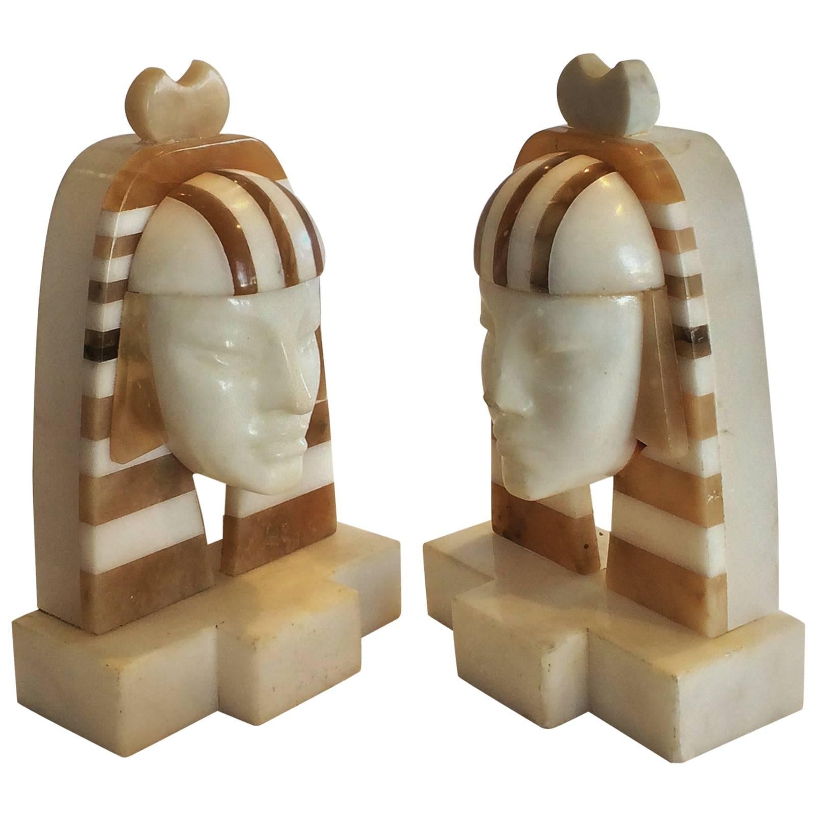 Pair of Art Deco Marble and Alabaster Egyptian Revival Bookends of the Sphinx