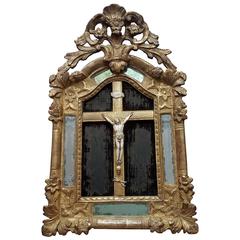 Early 18th Century French Mirror with Ivory Crucifix and Distressed Velvet 5