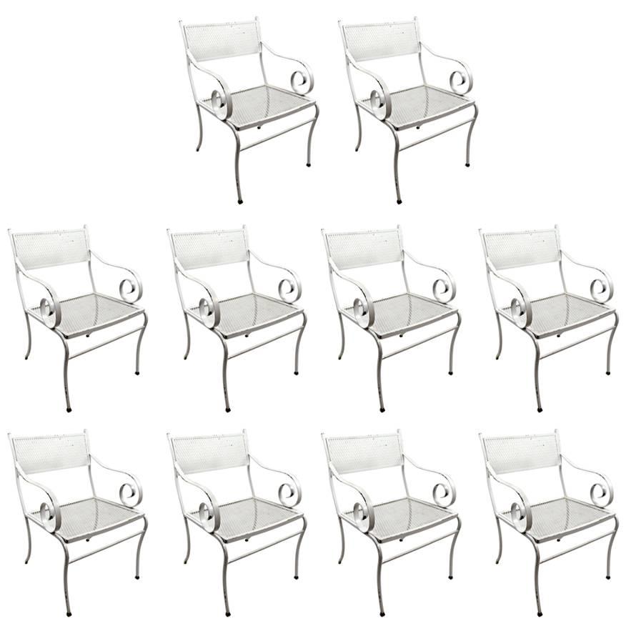 Set of Ten Woodard Scroll Armchairs Dining Height Patio Garden Furniture