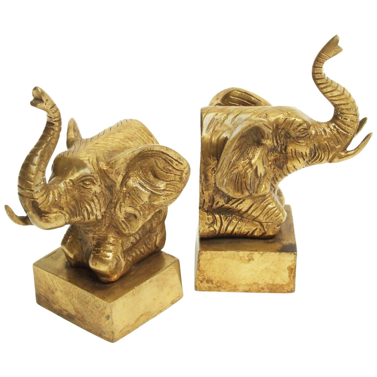 Pair of 1950s French Brass Elephant Bookends Sculptures