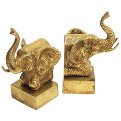 Vintage Pair of 1950s French Brass Elephant Bookends Sculptures