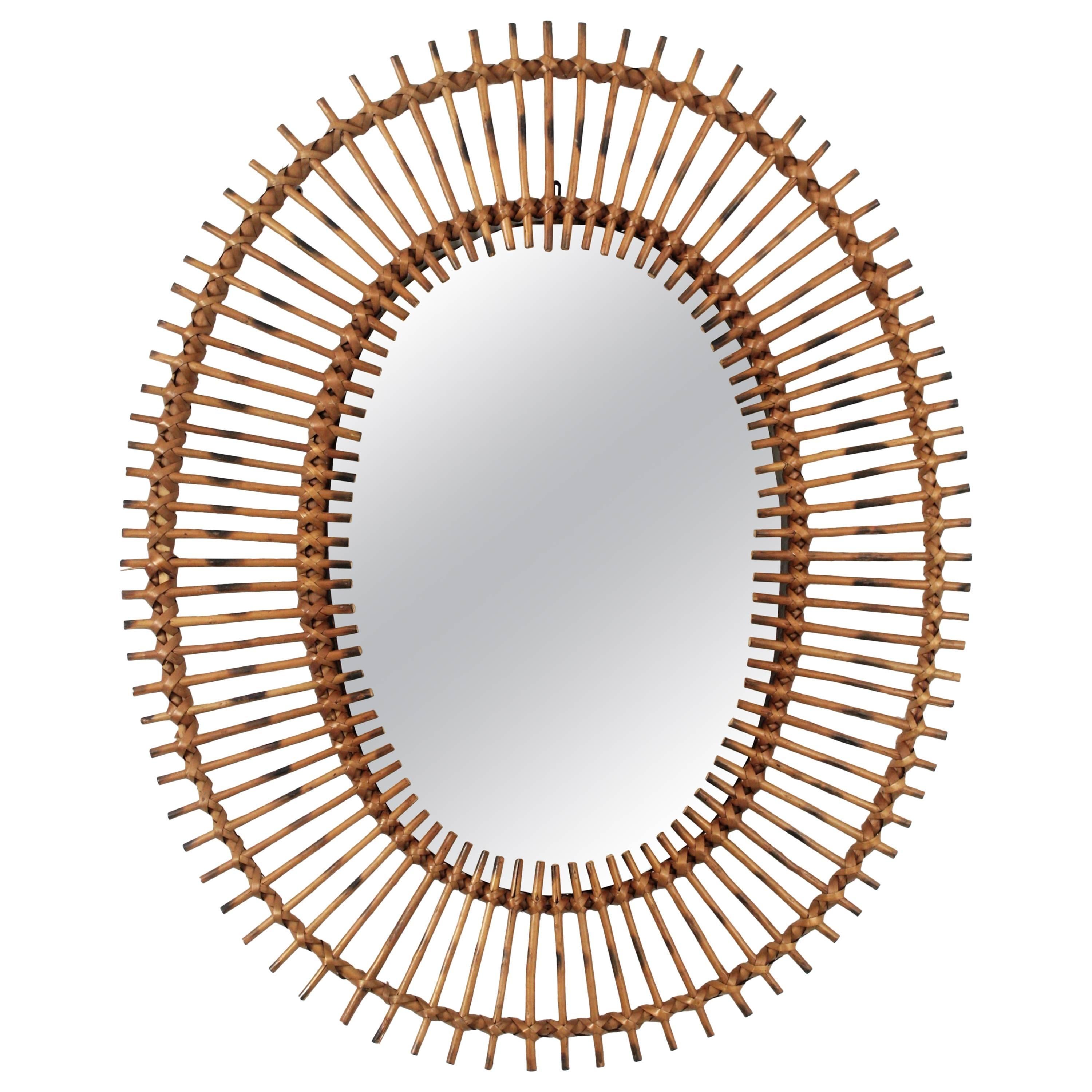 Oval Mid-Century Modern Spanish Rattan Sunburst Mirror