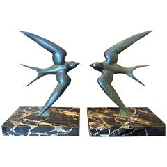 Original Art Deco Swallows Bronze Bookends by Georges Garreau, circa 1925