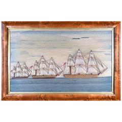 Antique Sailor's Large Woolwork Woolie of Three Royal Navy Ships with Trapunto Sails