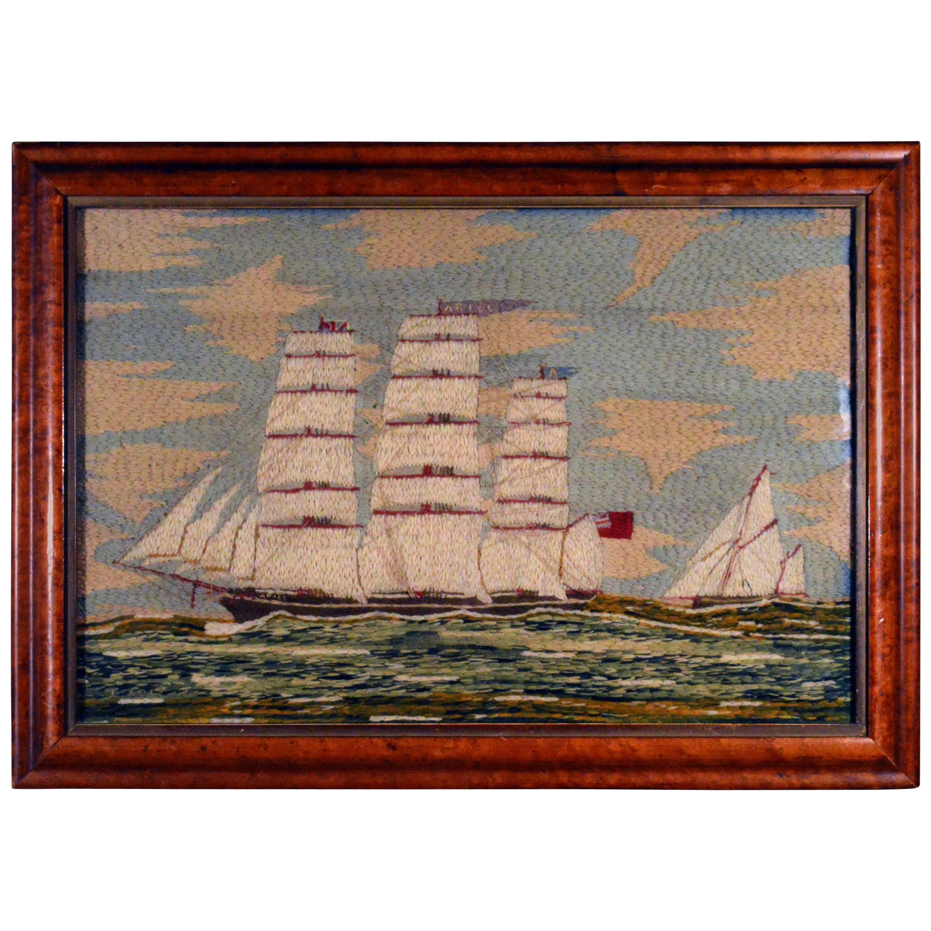 Sailor's Woolwork Woolie of the Tea Clipper, Ariel,  Signed C. Ames, circa 1880