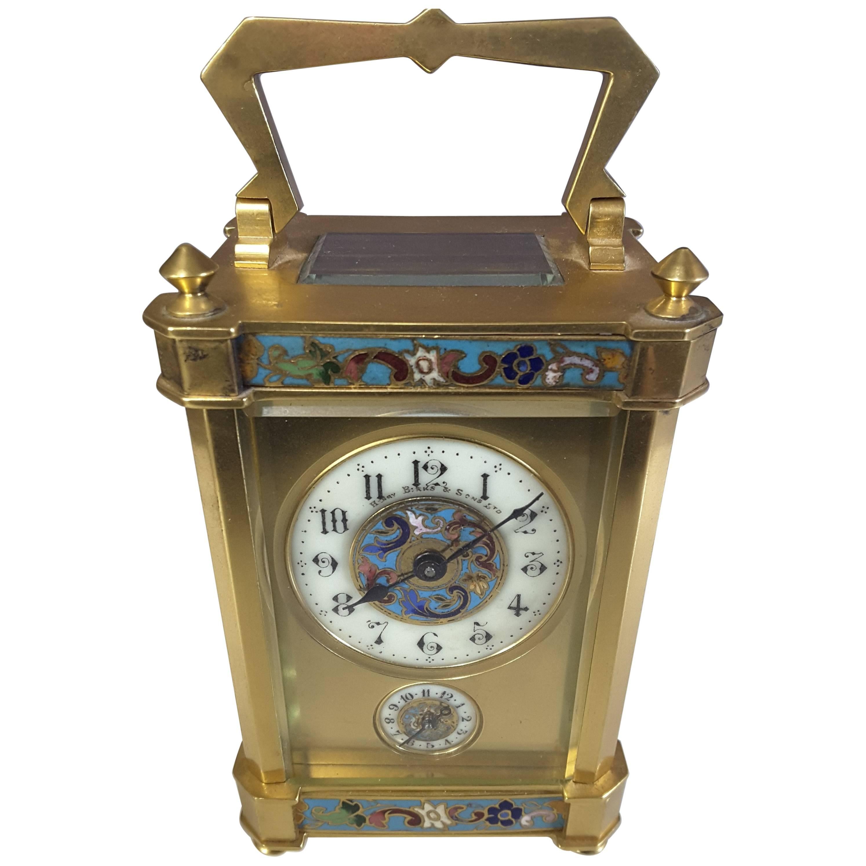 French Carriage Alarm Clock with Champlevé  Decoration, Gilt Brass Case