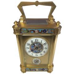 Antique French Carriage Alarm Clock with Champlevé  Decoration, Gilt Brass Case