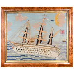 Antique Folk Art Sailor's Large Woolwork Woolie of the Royal Navy Ship H.M.S. Crocodile
