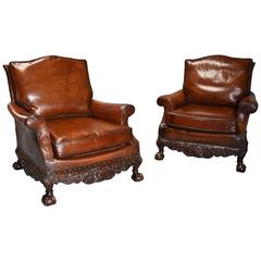 Superb Pair of Early 20th Century Mahogany Framed Leather Armchairs