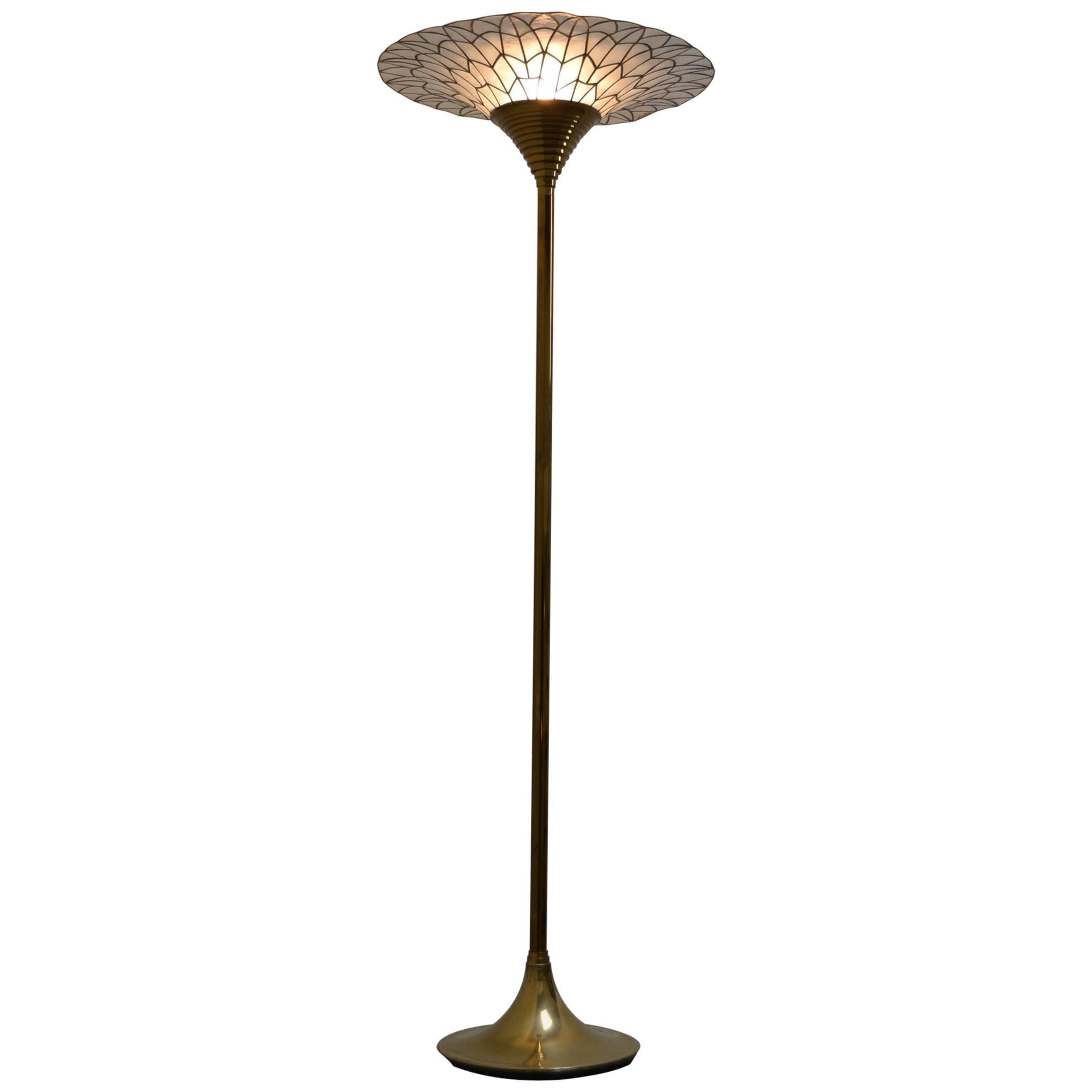 1960s Brass Torchiere Floor Lamp with Capiz Shell Trumpet Shade