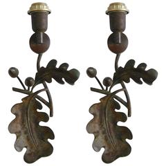 Pair of Elegant Oak Leaves Sconces in Solid Bronze, France, Early 1980s