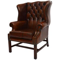 Antique Deep Buttoned Leather Wing Back Armchair