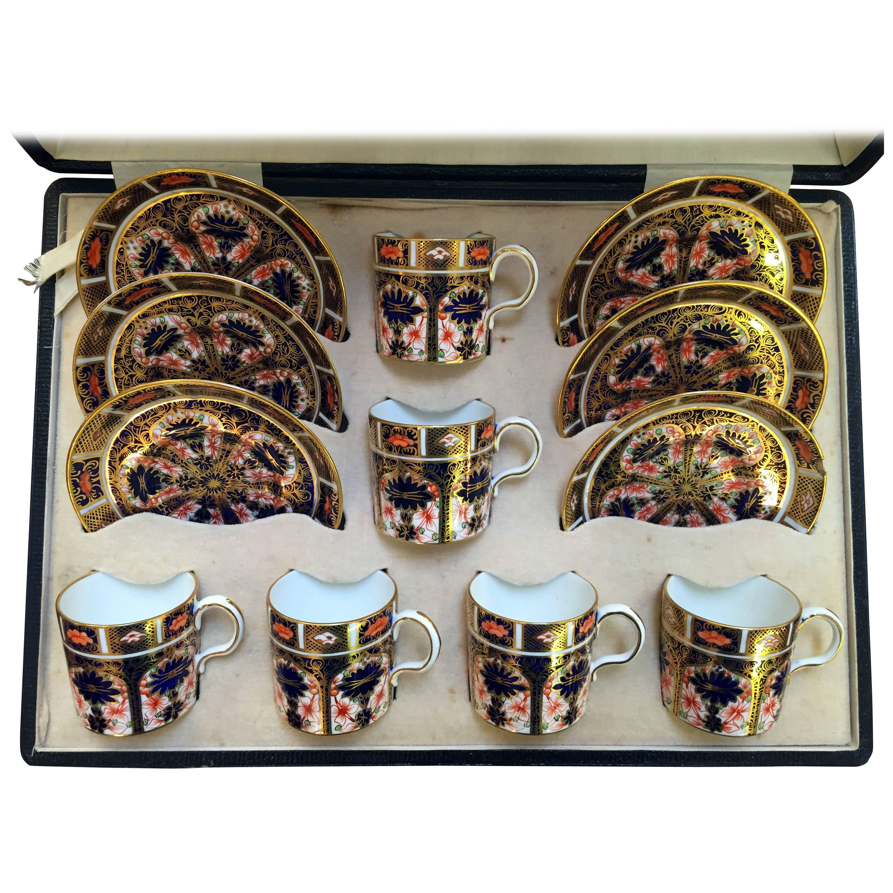 Antique Imari Royal Crown Derby 1128 Set of Six Cups and Saucers with Box For Sale