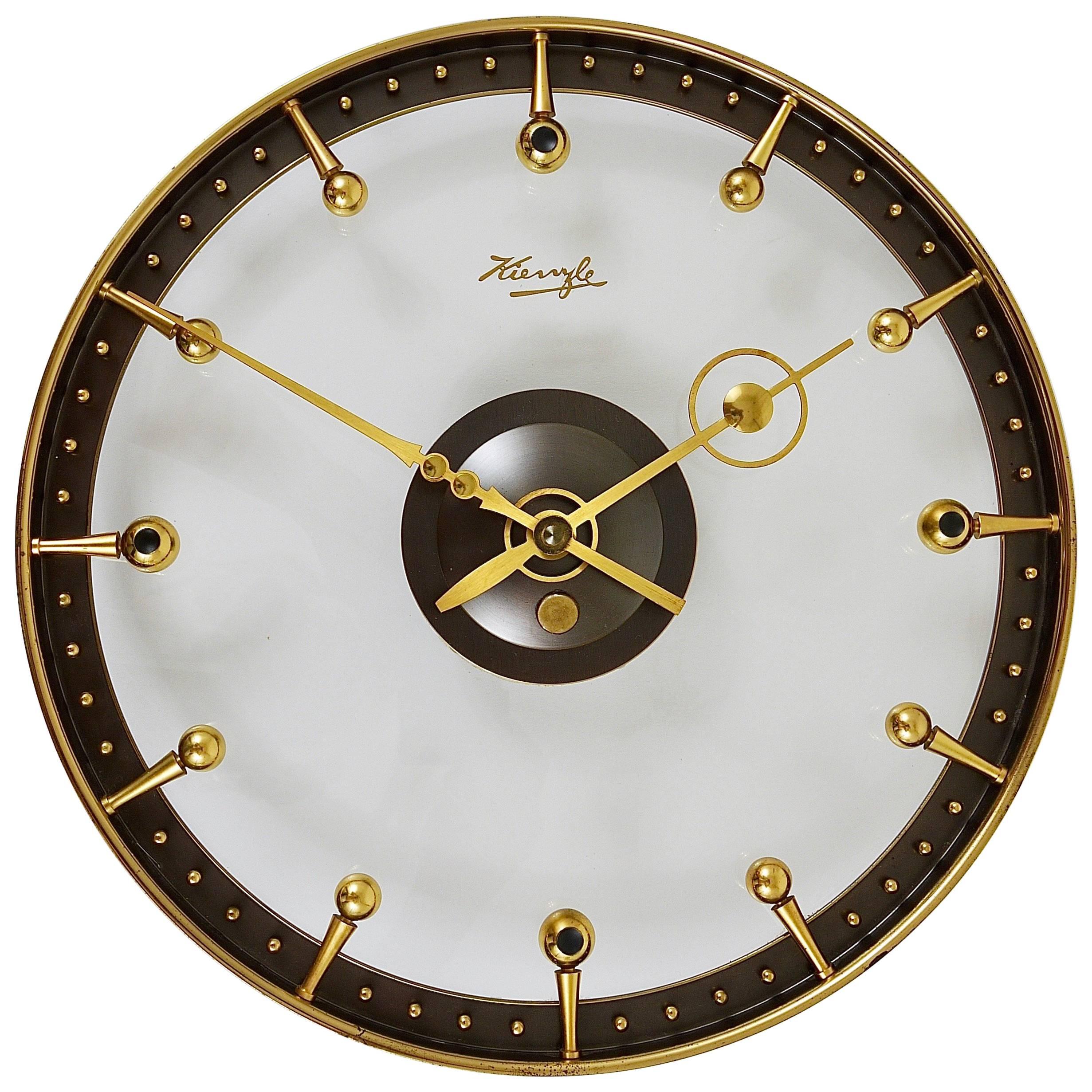 Outstanding Mid-Century Brass and Glass Wall Clock by Kienzle, Germany, 1950s