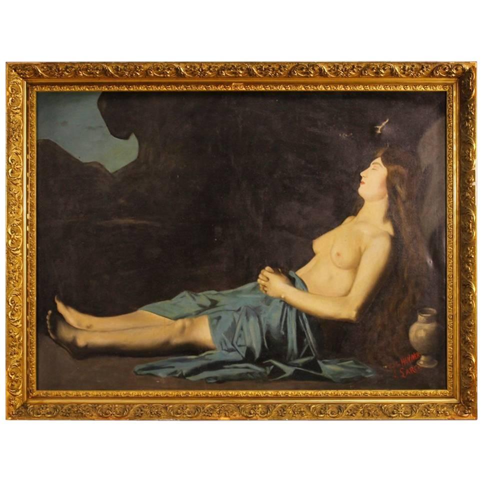 19th Century Religious Signed Painting Mary Magdalene Oil On Canvas