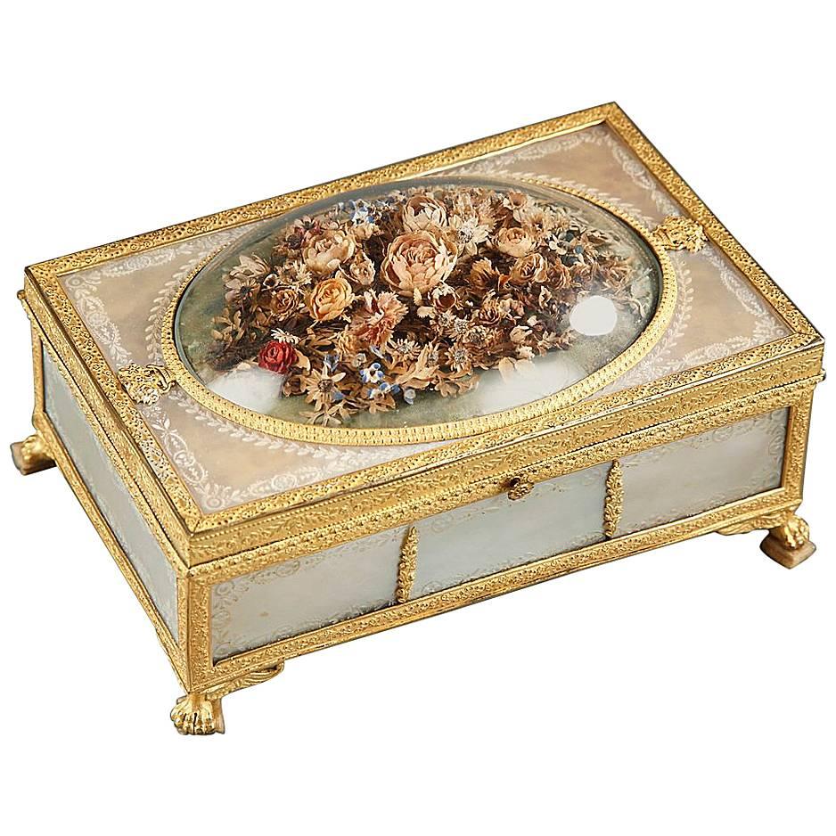 19th Century Charles X Gilt Bronze and Mother-of-Pearl Box with Flowers