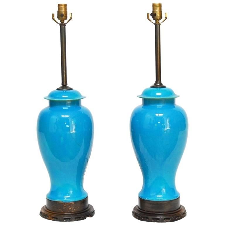 Pair of Chinese Porcelain Sky Blue Ginger Jar Lamps