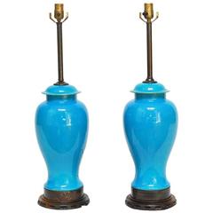 Pair of Chinese Porcelain Sky Blue Ginger Jar Lamps